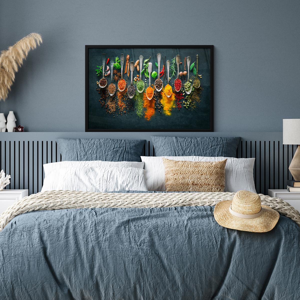POSTER MIT RAHMENGERAHMTES BILD Kräuter - Gewürze - Löffel 90x60 cm - Currygelb, Papier (90/60cm) - MuchoWow