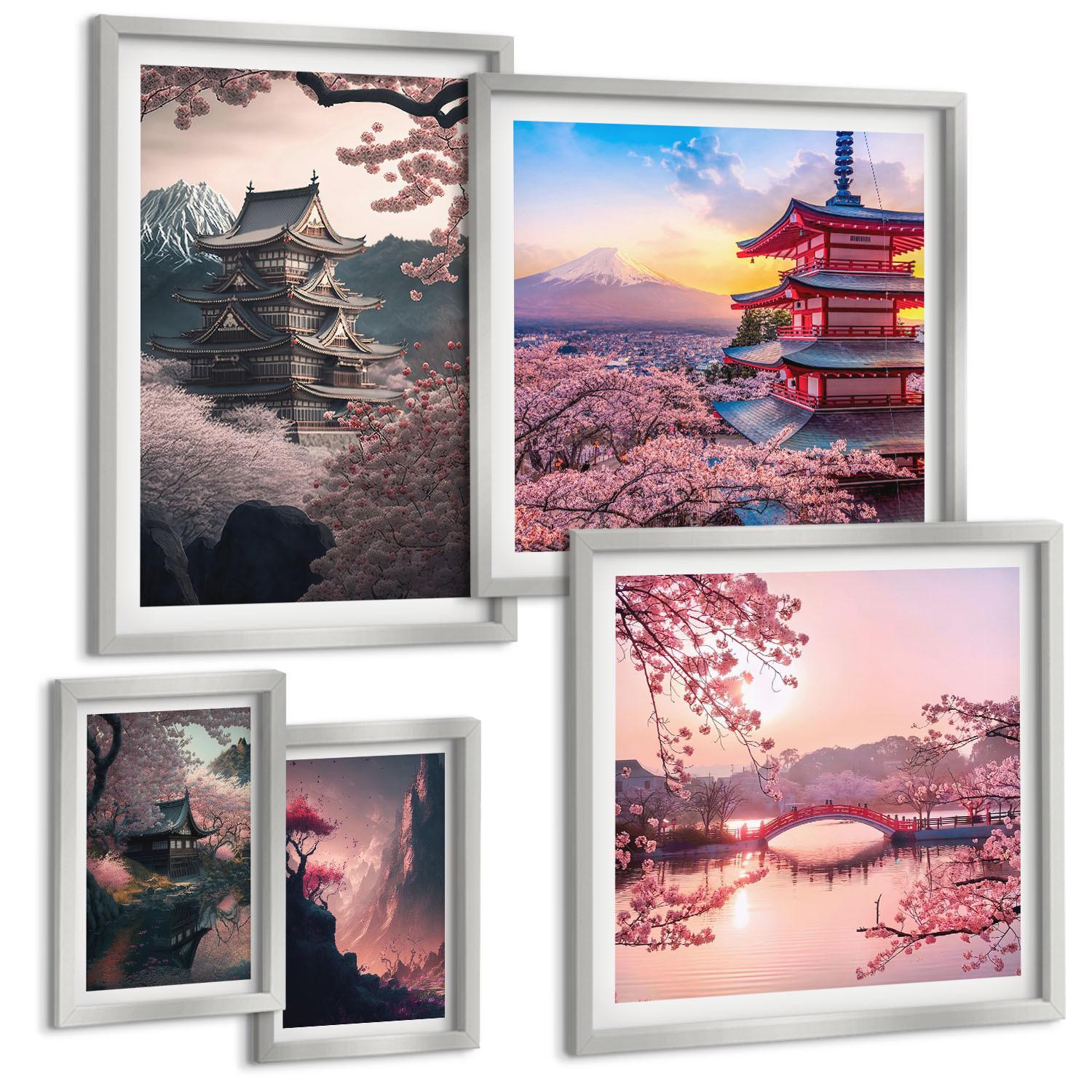 BILDER SET 5er Set - 50x50 cm & 20x30 cm & 40x60 cm Silberner Rahmen - Fantasielandschaften Japans - Silberfarben, Kunststoff (40/60cm) - TULUP