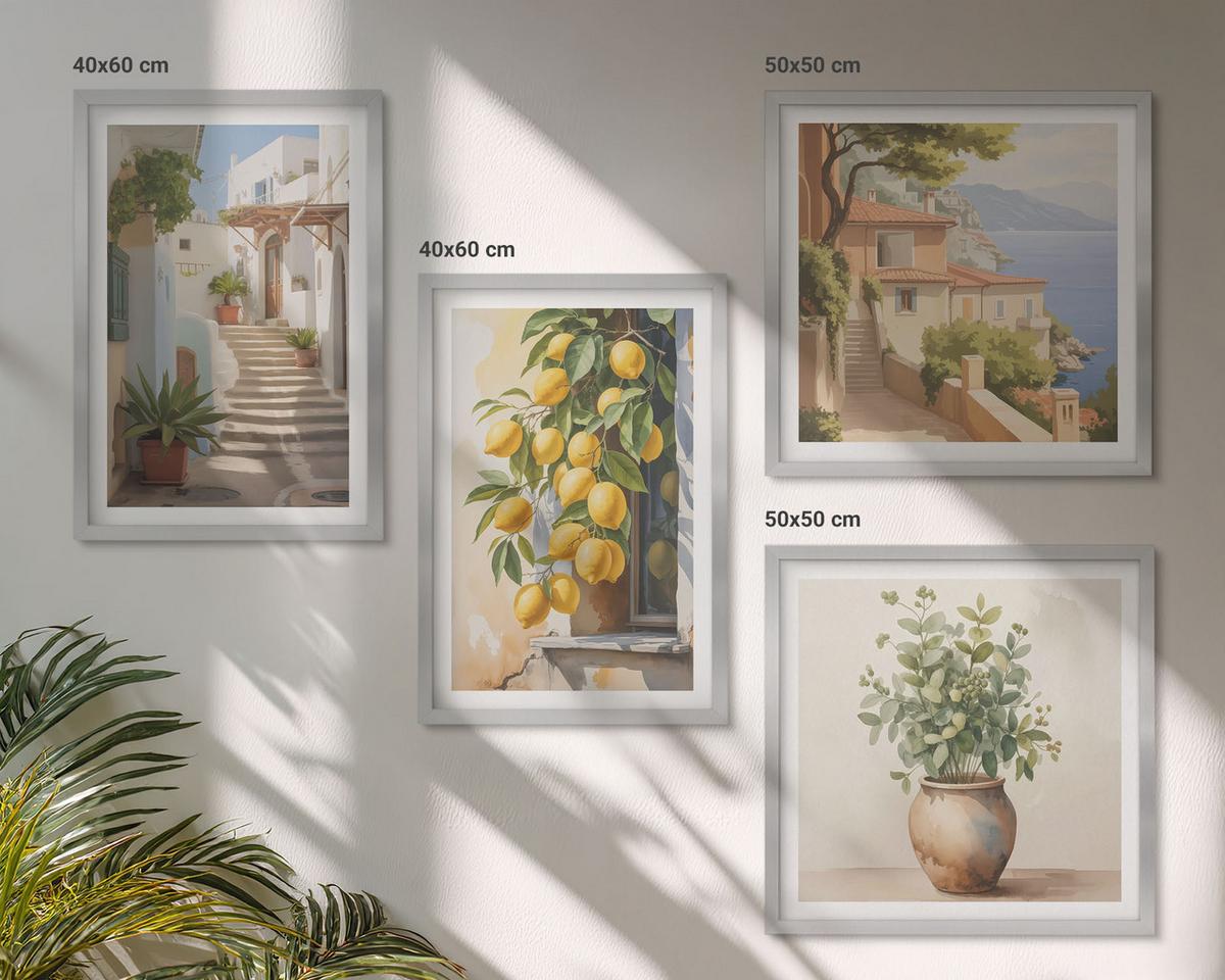 BILDER SET 4er Set - 50x50 cm & 40x60 cm Silberner Rahmen - Zitronenblumen im Topf, Straßen - Silberfarben, Kunststoff (50/50cm) - TULUP