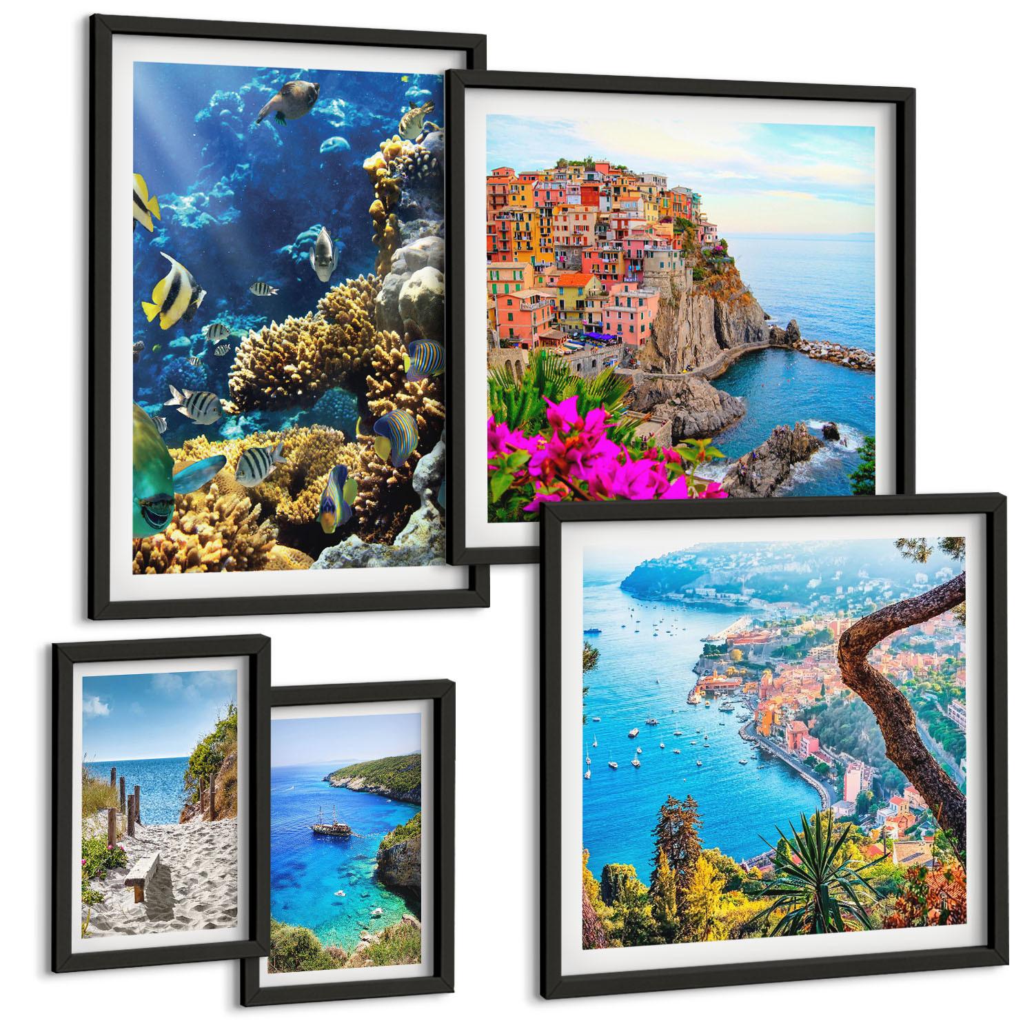 BILDER SET 5er Set - 50x50 cm & 20x30 cm & 40x60 cm Schwarzer Rahmen - Berglandschaften im Hintergrund - Schwarz, Kunststoff (40/60cm) - TULUP