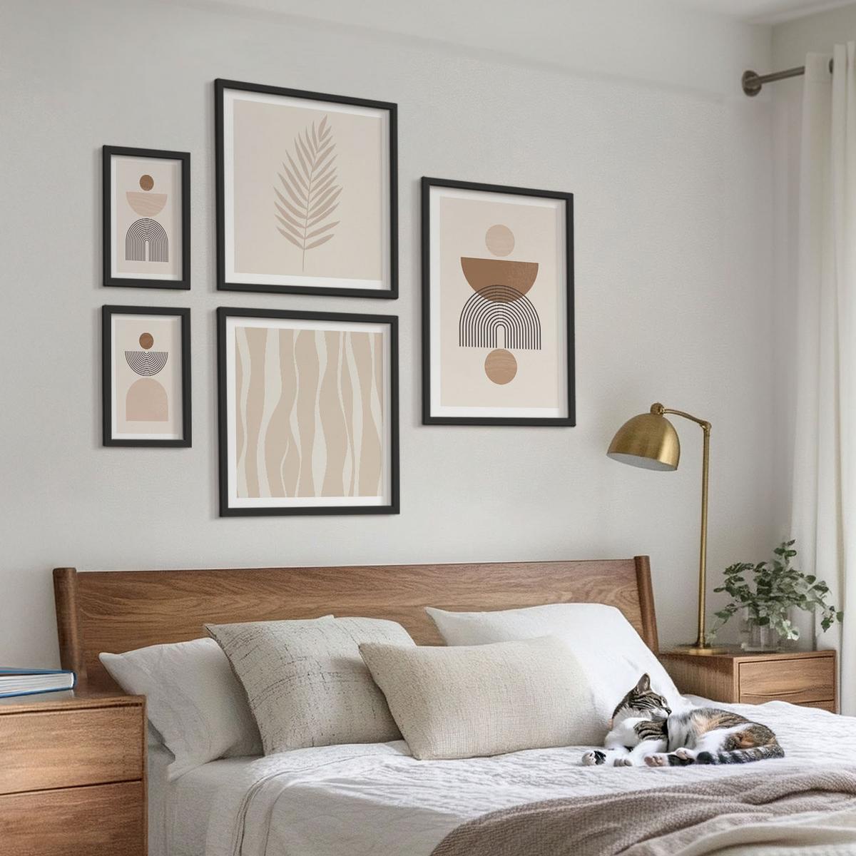 BILDER SET 5er Set - 50x50 cm & 20x30 cm & 40x60 cm Schwarzer Rahmen - Abstrakte Formen braun beige - Schwarz, Kunststoff (40/60cm) - TULUP