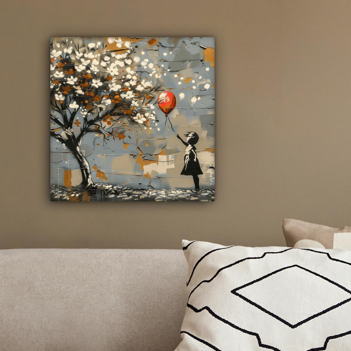 LEINWANDBILD Baum - Graffiti - Banksy-Stil - Ballon-Mädchen Deko Wohnzimmer 20x20 cm - Blaugrau, Textil (20/20cm) - MuchoWow