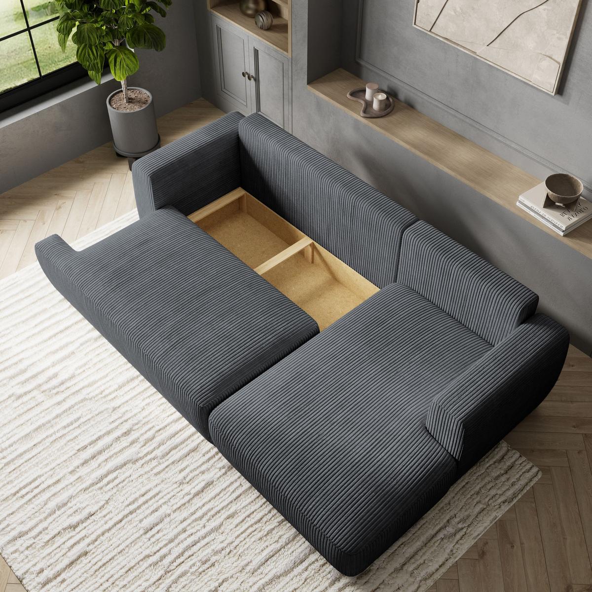ECKSOFA SENTI P R-S Grau Kordstoff mit Schlaffunktion - Schwarz/Grau, Holz/Kunststoff (246/148cm) - MASSENO