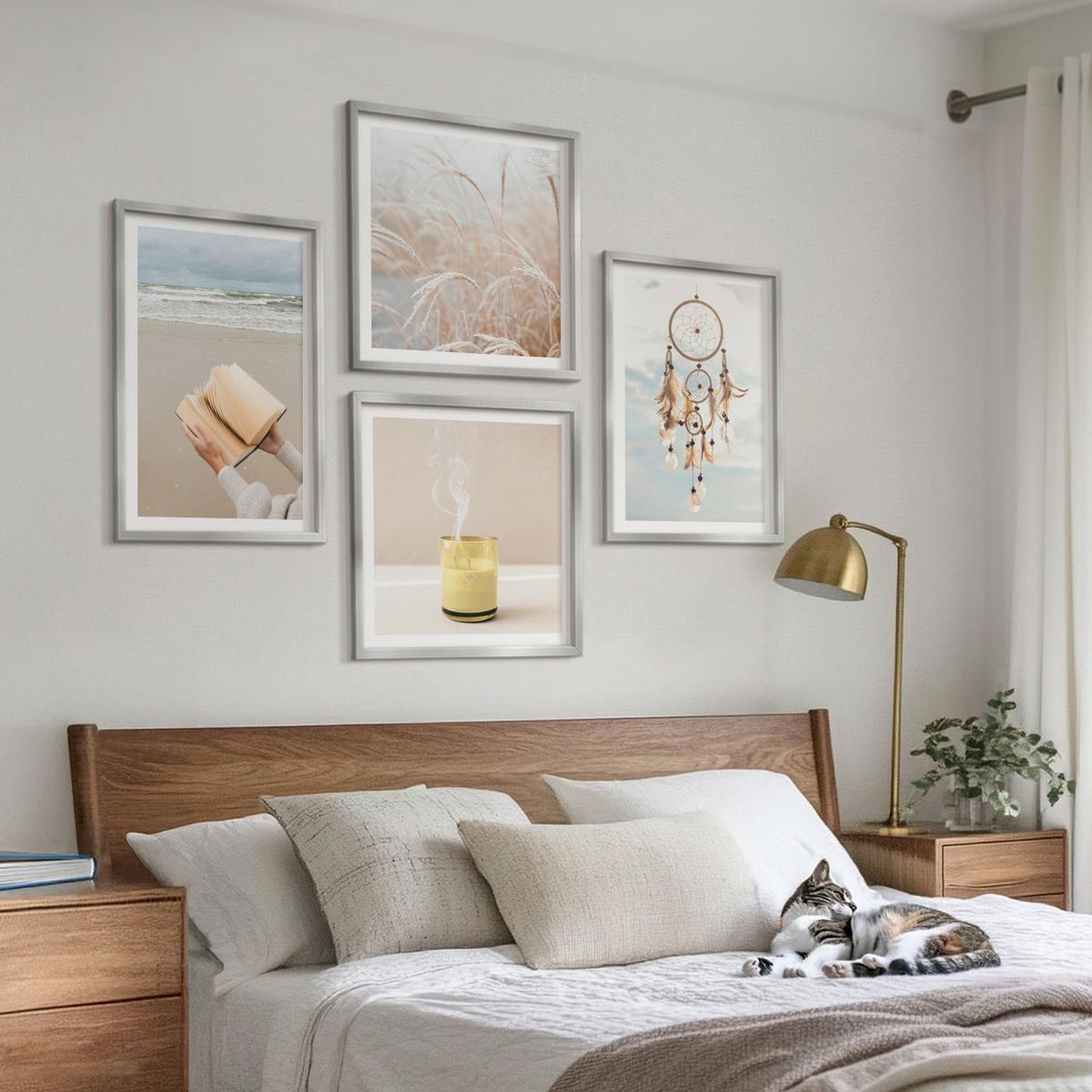 BILDER SET 4er Set - 50x50 cm & 40x60 cm Silberner Rahmen - Sommerlandschaften im Boho-Stil - Silberfarben, Kunststoff (50/50cm) - TULUP