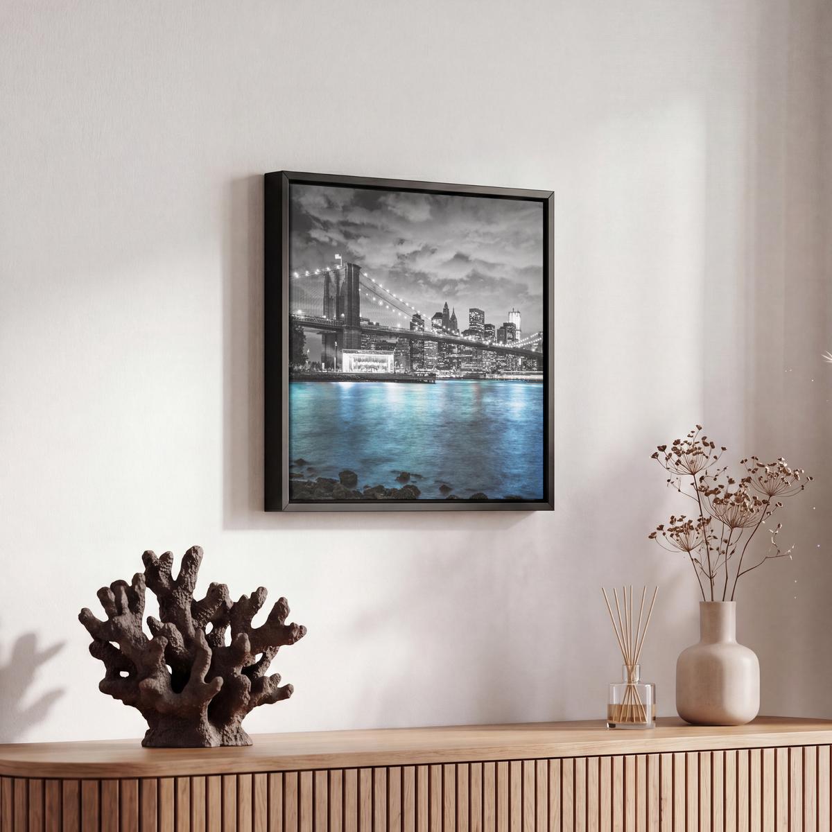 LEINWAND Bilder mit Rahmen - New York - Skyline - Stadt - Blau - 20x20 - Blaugrau, Textil (20/20cm) - MuchoWow