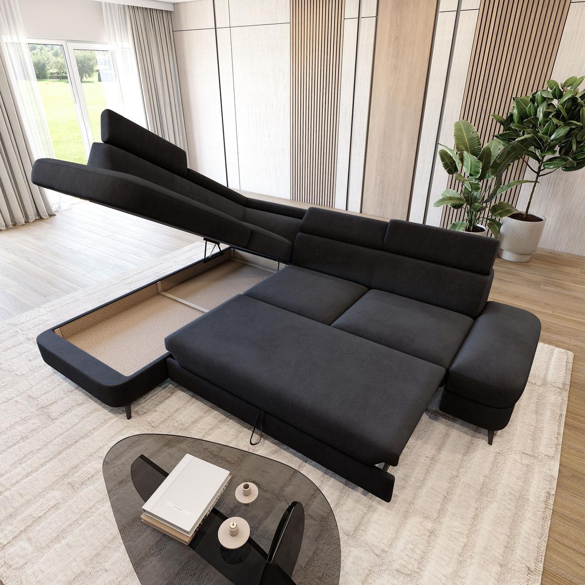 ECKSOFA AVISE MV L-S Schwarz Velours-Stoff mit Schlaffunktion - Schwarz, Holzwerkstoff/Textil (268/195cm) - MASSENO