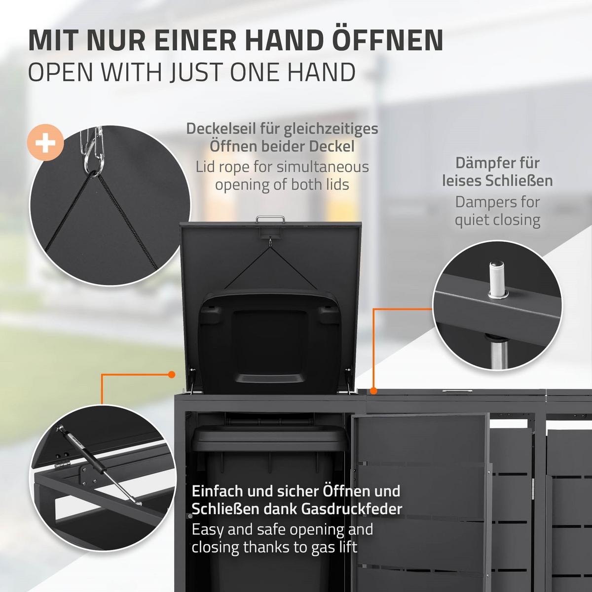 MÜLLTONNENBOX 4er 240L 260x80x120 cm Anthrazit aus Stahl wetterfest - Anthrazit, Metall (80/120/260cm) - ML-DESIGN