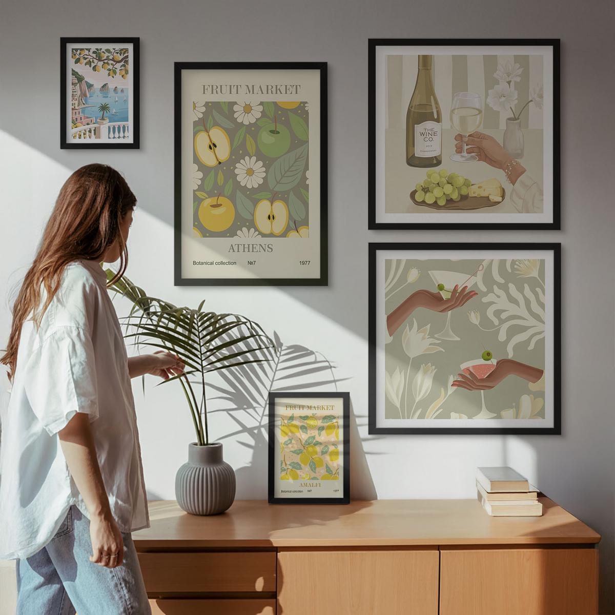 BILDER SET 5er Set - 50x50 cm & 20x30 cm & 40x60 cm Schwarzer Rahmen - Vintage-Poster mit Fruchtmustern - Schwarz, Kunststoff (40/60cm) - TULUP