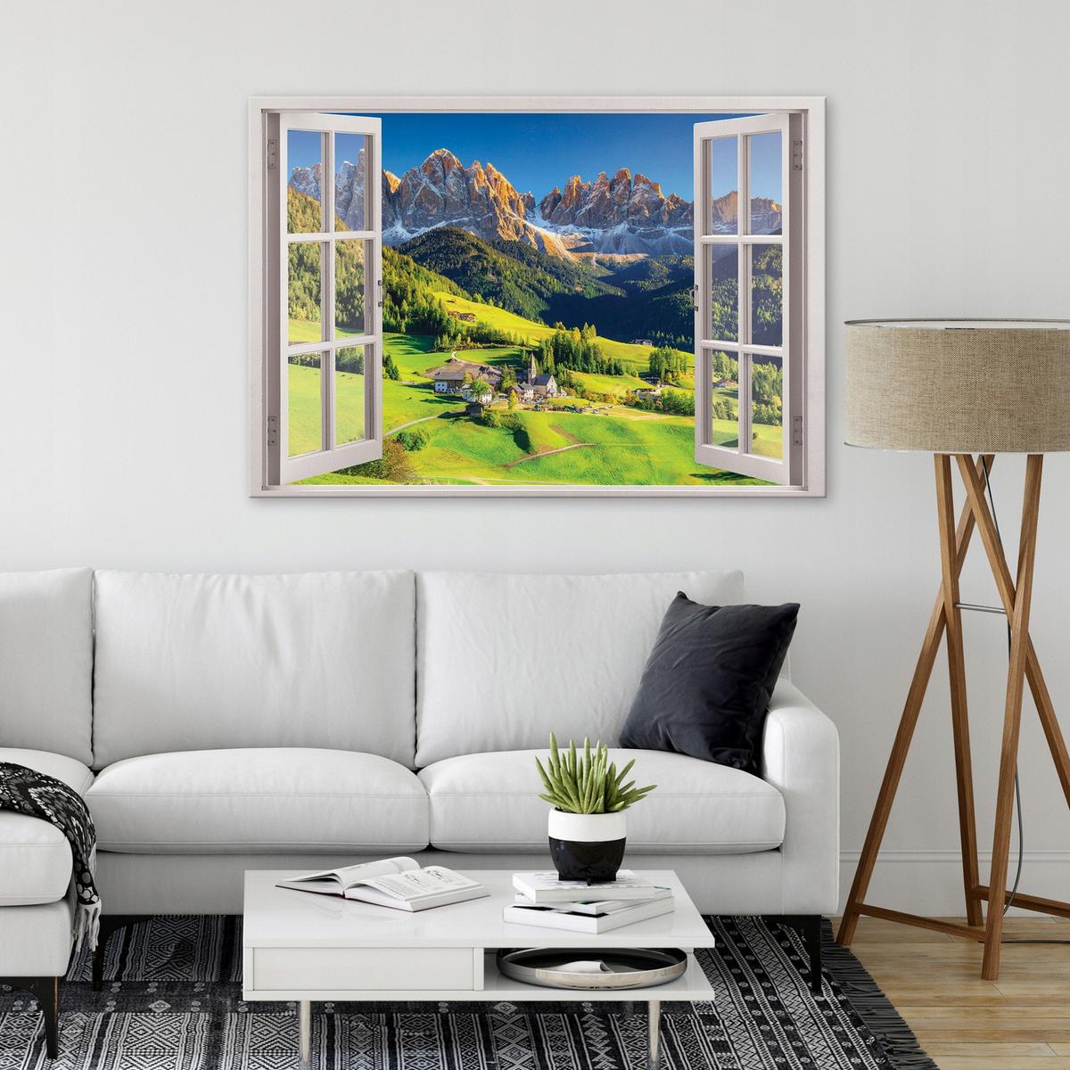 LEINWAND BILDER Fenster Berge Natur Wohnzimmer 100x70 - Multicolor, Holzwerkstoff (100/70cm) - Wallarena