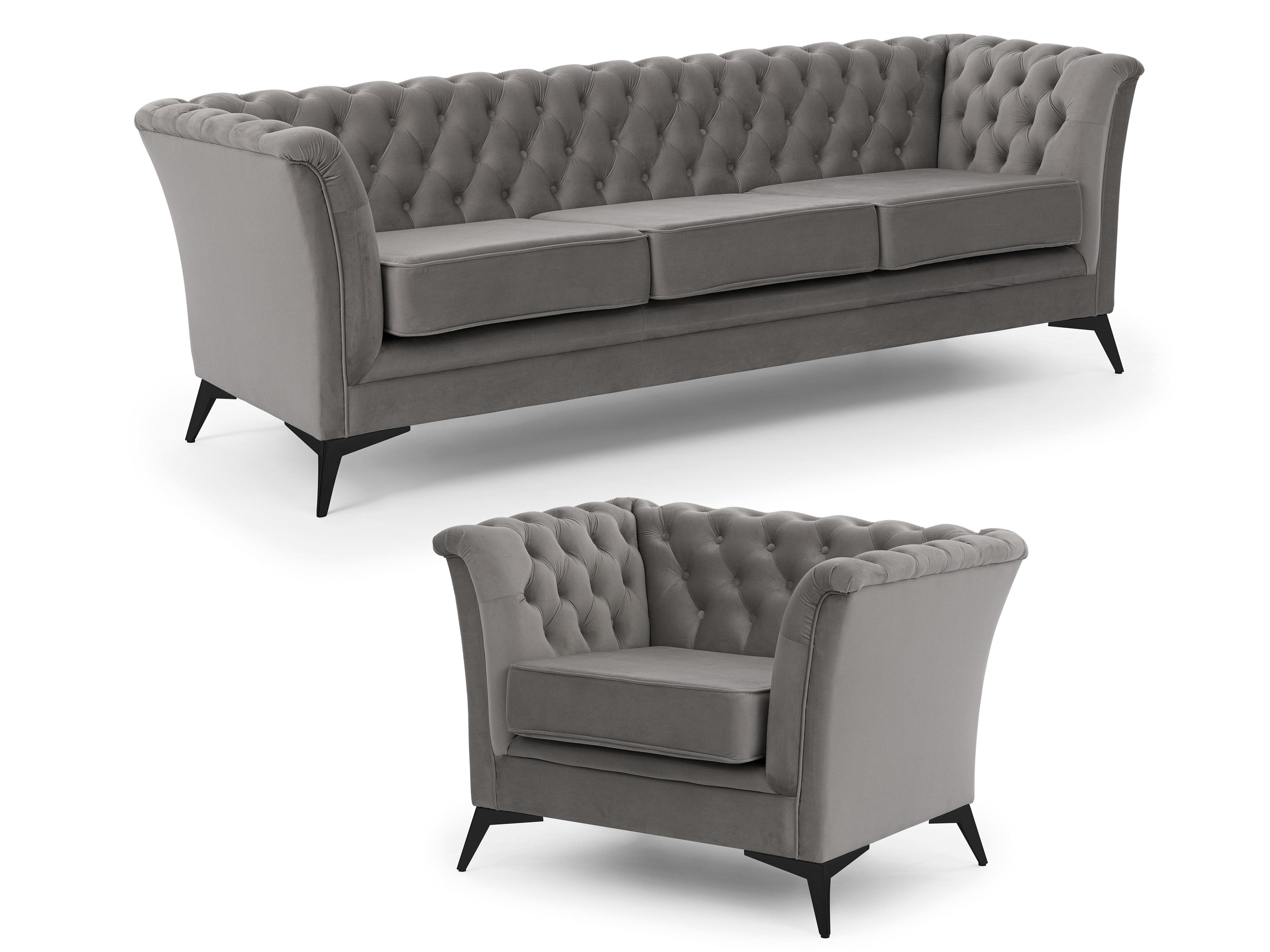 SITZGARNITUR 3+1 Chesterfield Whitby Grau Samt mit schwarzen Füßen - Schwarz/Grau, Holz/Textil (237/78/82cm) - S-Style Möbel