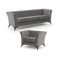 SITZGARNITUR 3+1 Chesterfield Whitby Grau Samt mit schwarzen Füßen - Schwarz/Grau, Holz/Textil (237/78/82cm) - S-Style Möbel