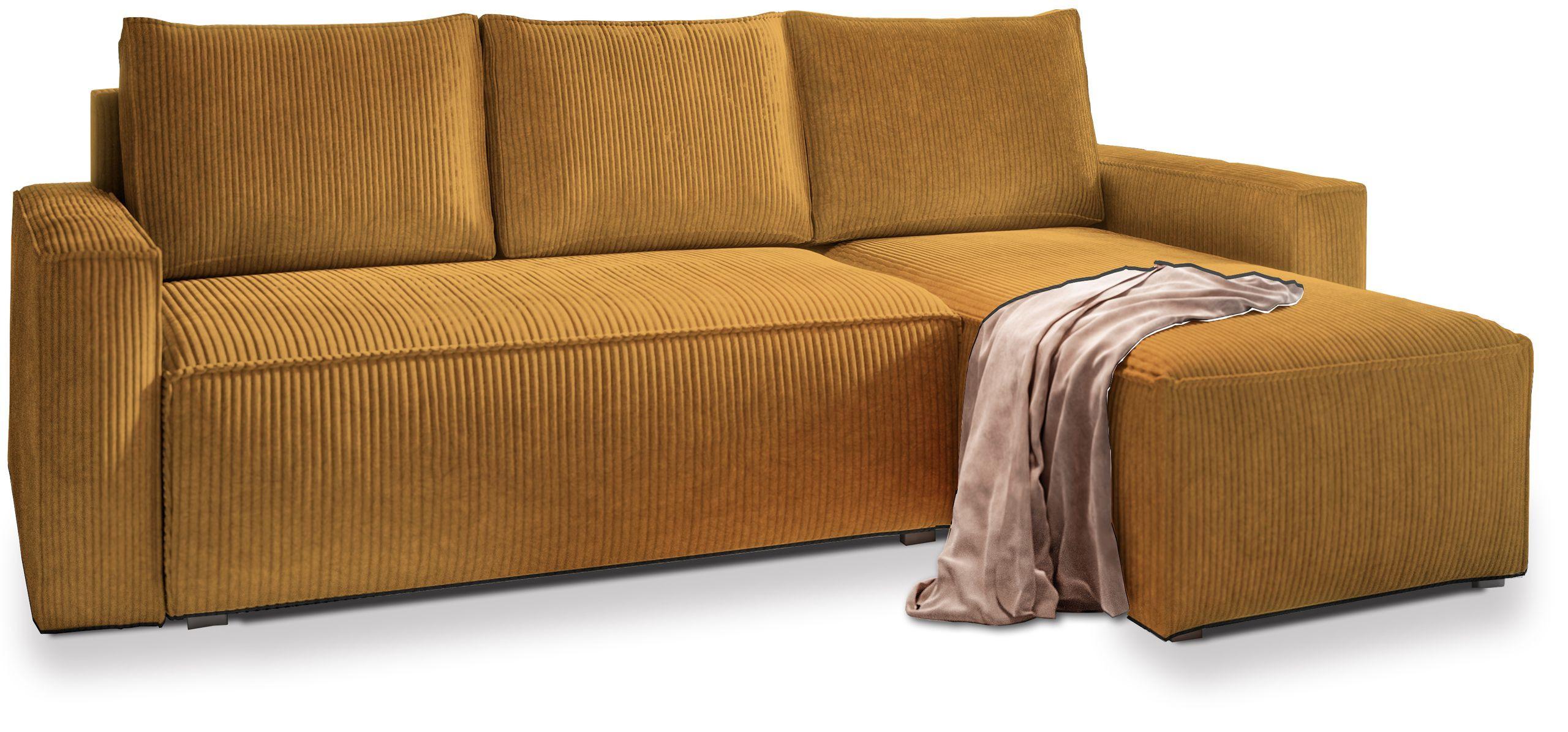 ECKSOFA POTARO Gelb Kordstoff mit Schlaffunktion - Gelb/Grau, Holz/Kunststoff (232/140cm) - MASSENO