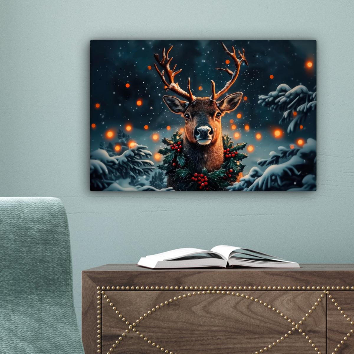 LEINWANDBILD Hirsch - Weihnachten - Winter - Schnee - Weihnachtskranz Deko Schlafzimmer 30x20 cm - Dunkelbraun, Textil (30/20cm) - MuchoWow