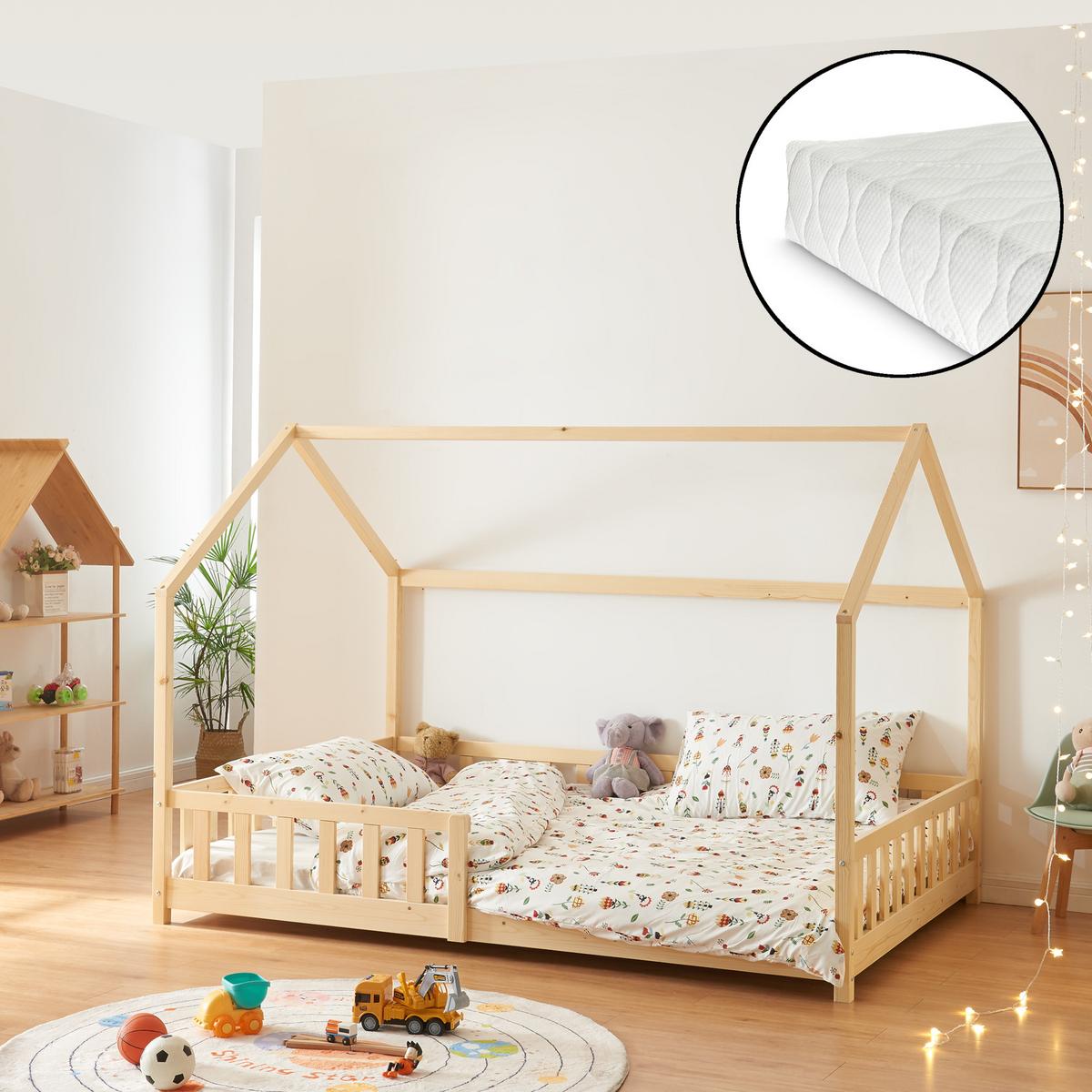 HAUSBETT Hesel mit Matratze - Naturfarben, Holz/Textil (140/200cm) - [en.casa]