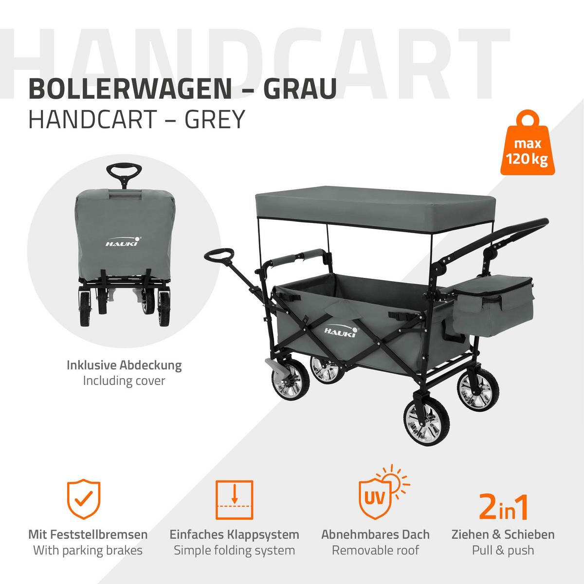 BOLLERWAGEN faltbar mit Dach XXL Grau Handwagen für Kinder Strand Picknick - Schwarz/Grau, Metall (56/99/196cm) - Hauki