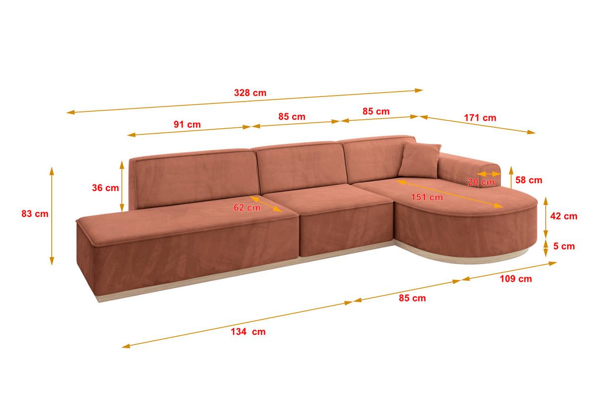 ECKSOFA Ottomane Rechts ARRIO-L2 - 328x171x83 cm Apricot - Koralle, Holzwerkstoff/Textil (328/171cm) - ALTDECOR