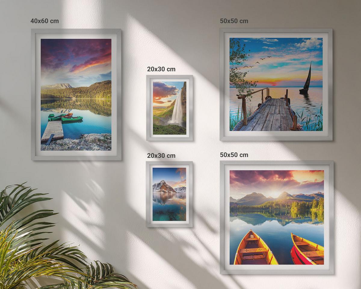 BILDER SET 5er Set - 50x50 cm & 20x30 cm & 40x60 cm Silberner Rahmen - Seen- und Berglandschaft Łódź - Silberfarben, Kunststoff (40/60cm) - TULUP