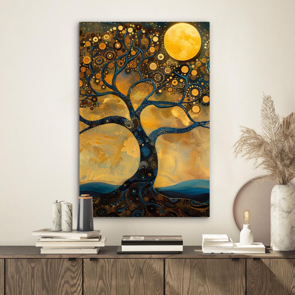 METALLBILD Baum - Mond - Blumen - Gold - Kunst Deko Schlafzimmer 40x60 cm - Orange, Metall (40/60cm) - MuchoWow