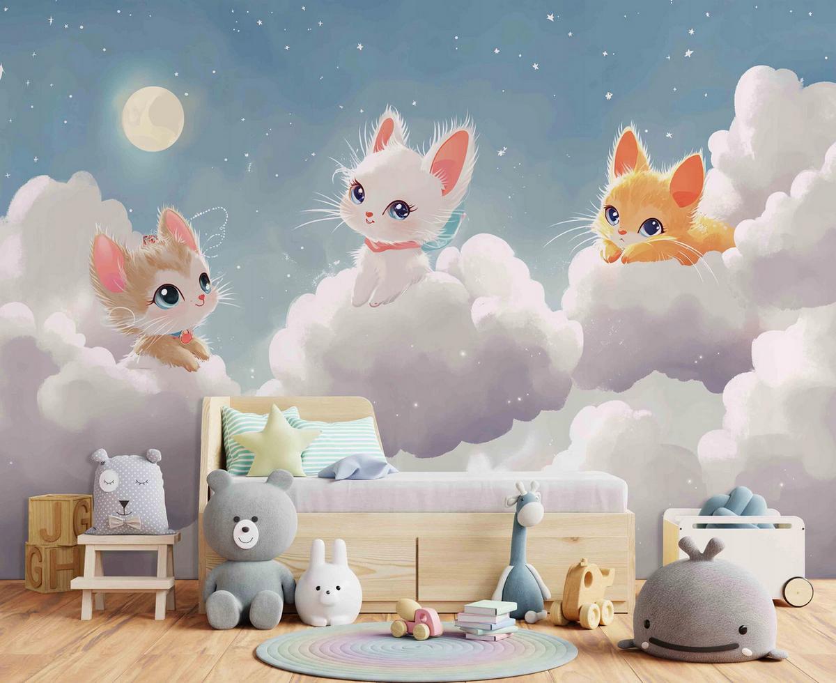 FOTOTAPETE Kinderzimmer Katze Wolken 400x280 - Multicolor, Papier (400/280cm) - Wallarena