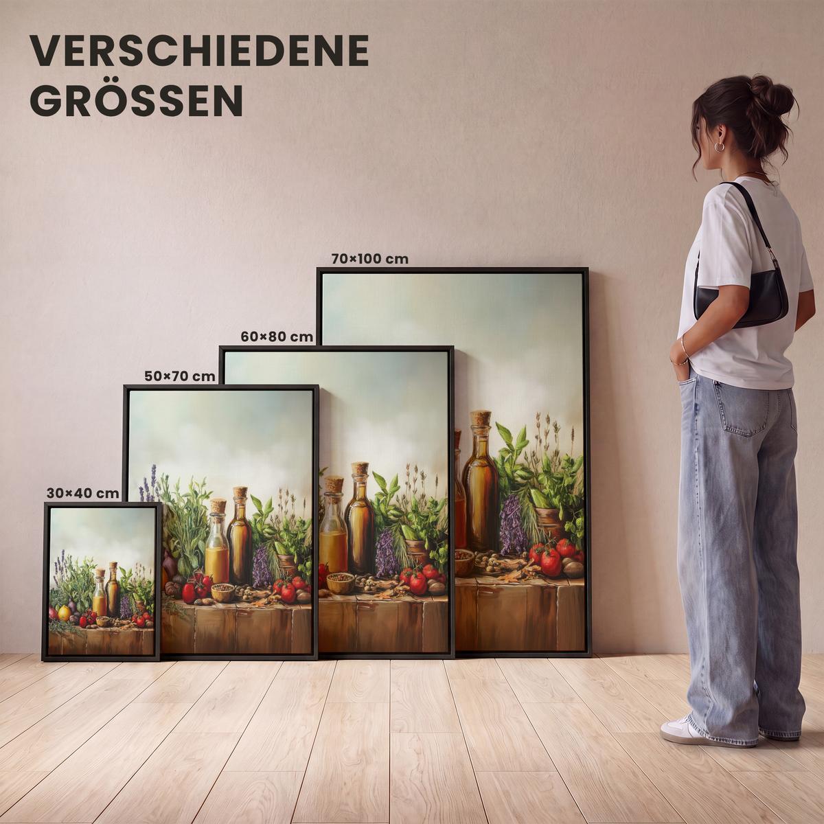 LEINWAND Bilder mit Rahmen - Stilleben - Kräuter - Gewürze - Früchte - Farbenfroh - 60x80 - Grün, Textil (60/80cm) - MuchoWow