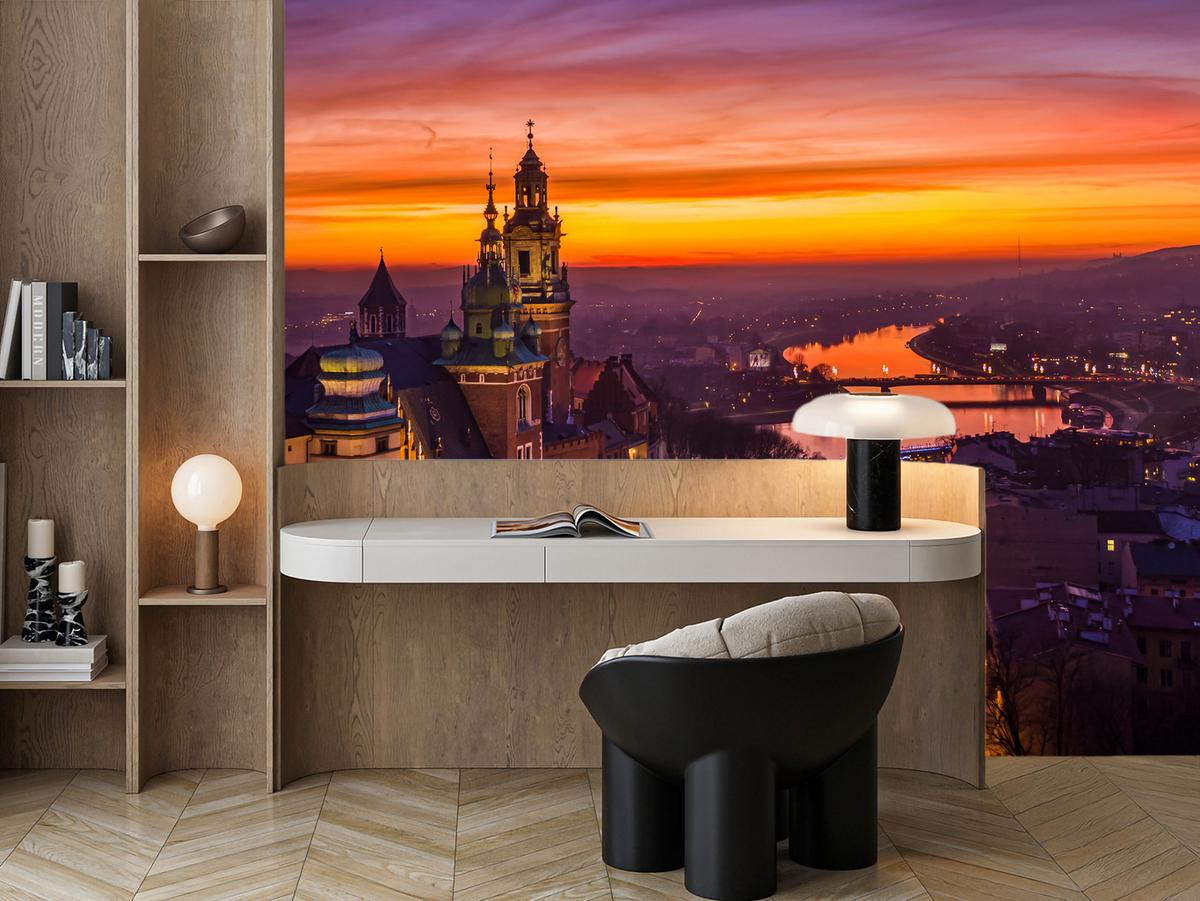 FOTOTAPETE für Wohnzimmer Sonnenuntergang Wawelburg Architektur Stadt 100x70 - Orange, Papier (100/70cm) - Muralo