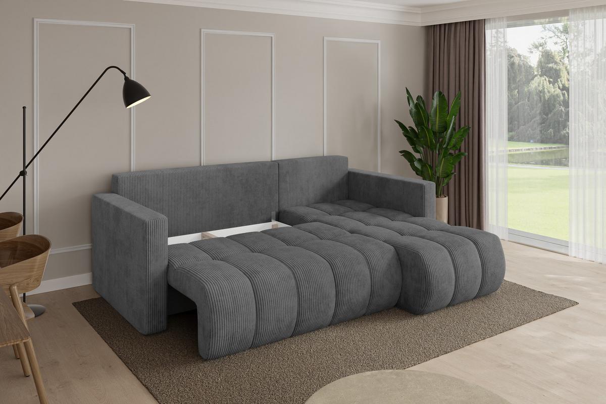 ECKSOFA mit Schlaffunktion Ottomane Rechts GARD-L 226x146x85 Dunkelgrau Cord - Dunkelgrau/Schwarz, Holzwerkstoff/Kunststoff (226/146cm) - ALTDECOR