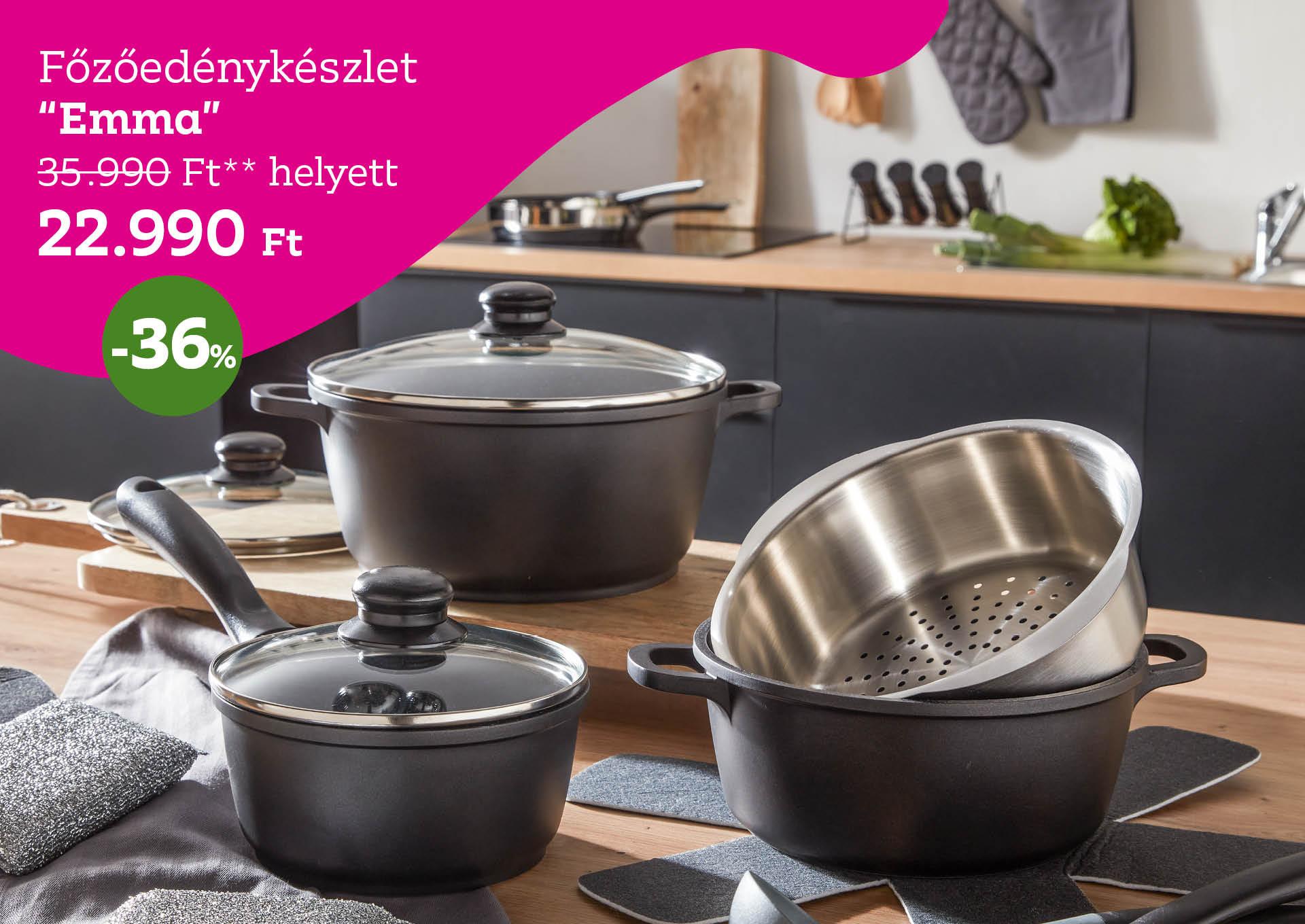 Főzőedénykészlet EMMA 35990 Forint helyett 22990 Forint, kedvezmény mértéke 36%