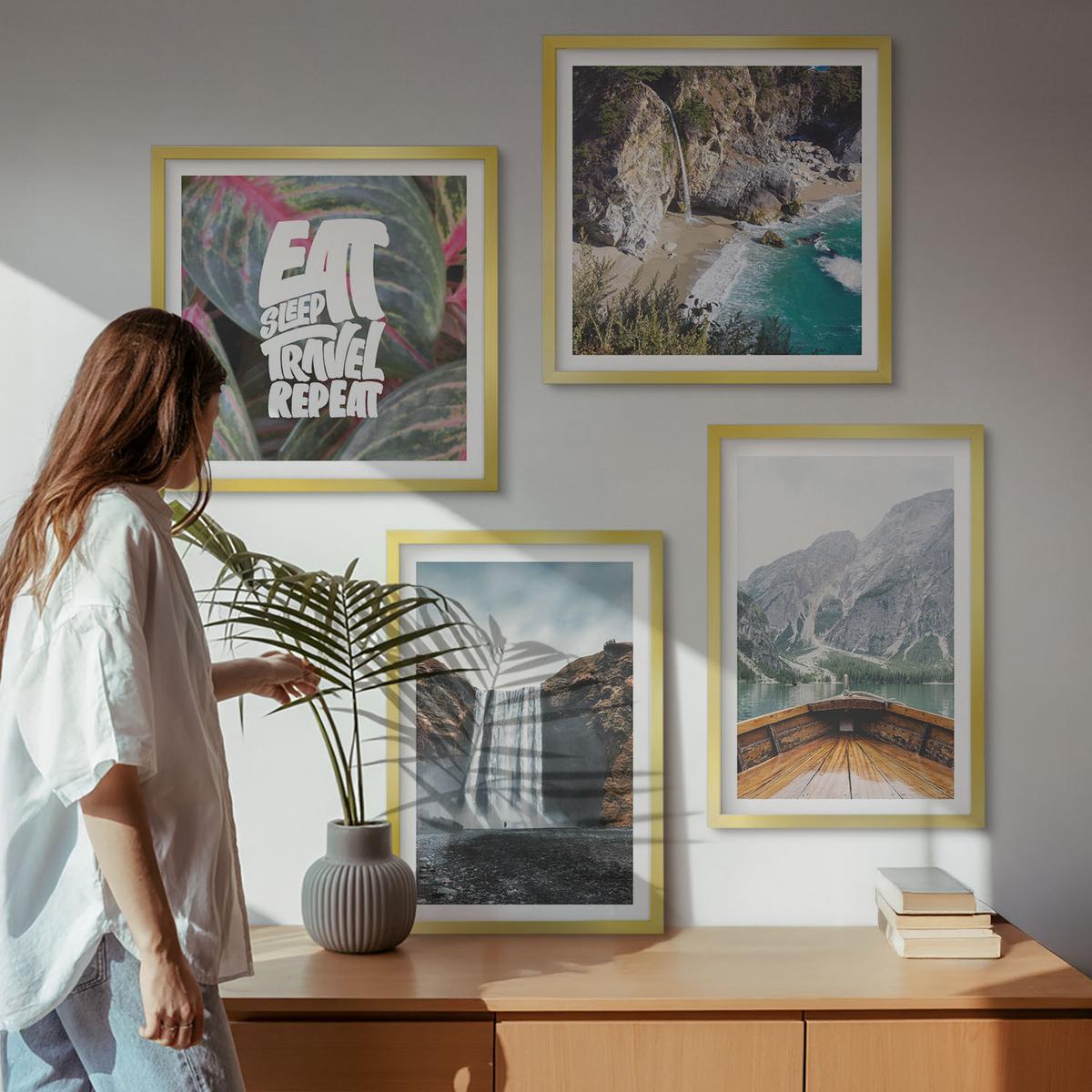 BILDER SET 4er Set - 50x50 cm & 40x60 cm Goldrahmen - Wasserfall Bergreise Natur - Goldfarben, Kunststoff (50/50cm) - TULUP