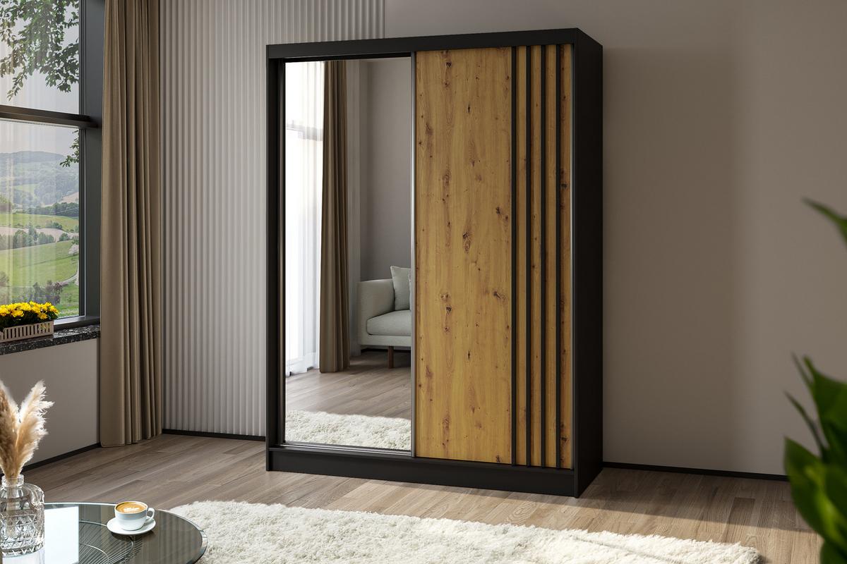 KLEIDERSCHRANK mit Spiegel-Schiebetüren und Aluminium-Leisten - NALLA - 160 cm Schwarz+Artisan+Schwarz - Schwarz/Eiche Artisan, Holzwerkstoff (160/216/61cm) - ALTDECOR