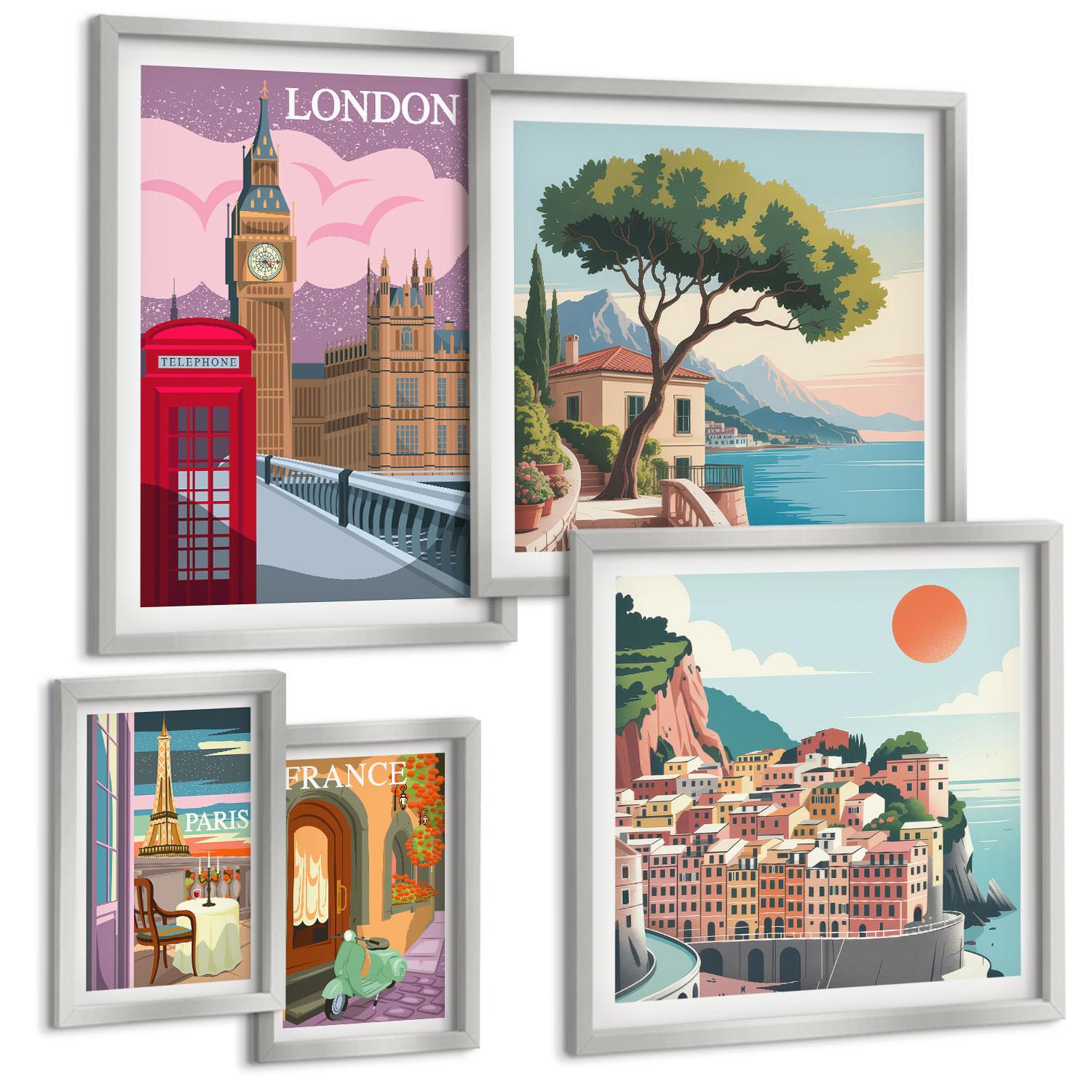 BILDER SET 5er Set - 50x50 cm & 20x30 cm & 40x60 cm Silberner Rahmen - Obstposter Zitronen Orangen - Silberfarben, Kunststoff (40/60cm) - TULUP