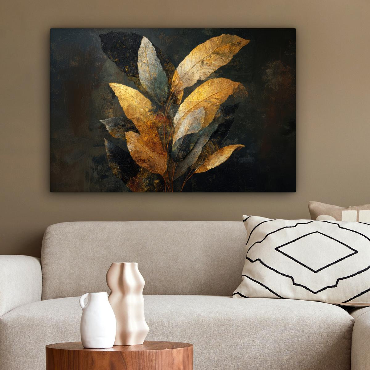 LEINWANDBILD Golden Leaf Komposition - Botanical Luxury Gemälde 60x40 cm - Goldfarben/Schwarz, Textil (60/40cm) - MuchoWow