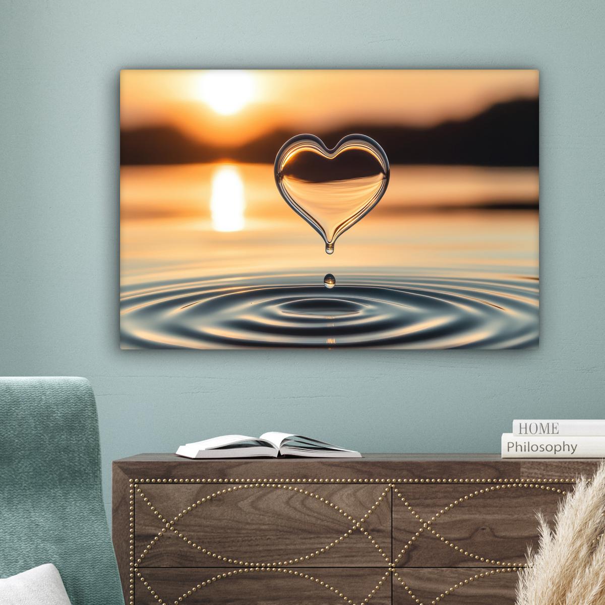 LEINWANDBILD Herz - Wasser - Sonnenuntergang - Natur - Zen Gemälde 60x40 cm - Bernsteinfarben, Textil (60/40cm) - MuchoWow