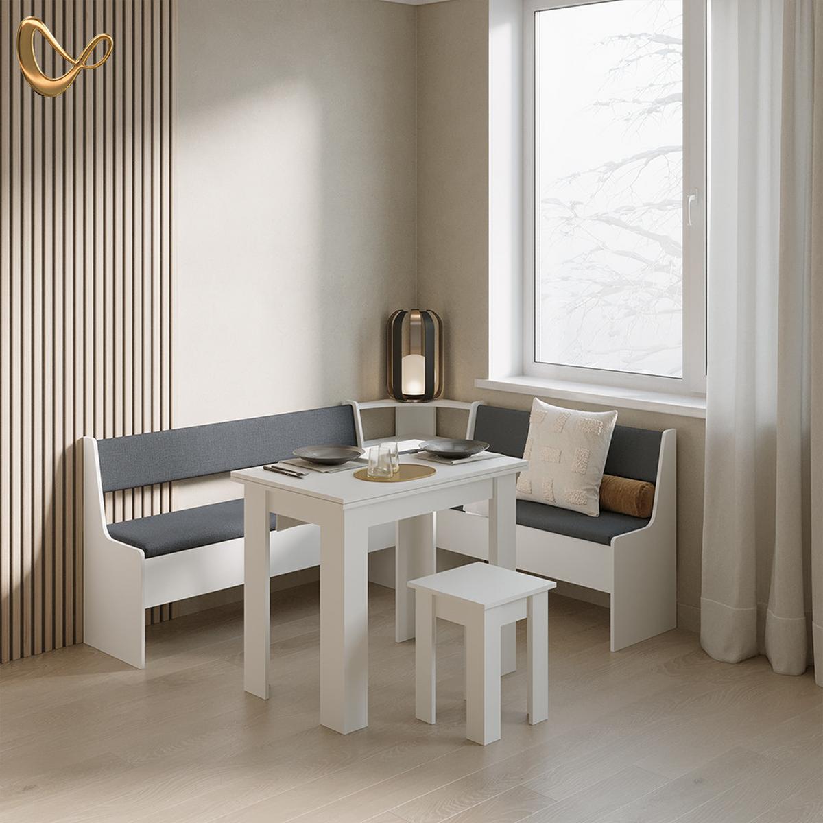 ECKBANKGRUPPE Tiberio Weiß 180 x 150 cm mit Tisch - Weiß, Holzwerkstoff (180/80/150cm) - Livinity®