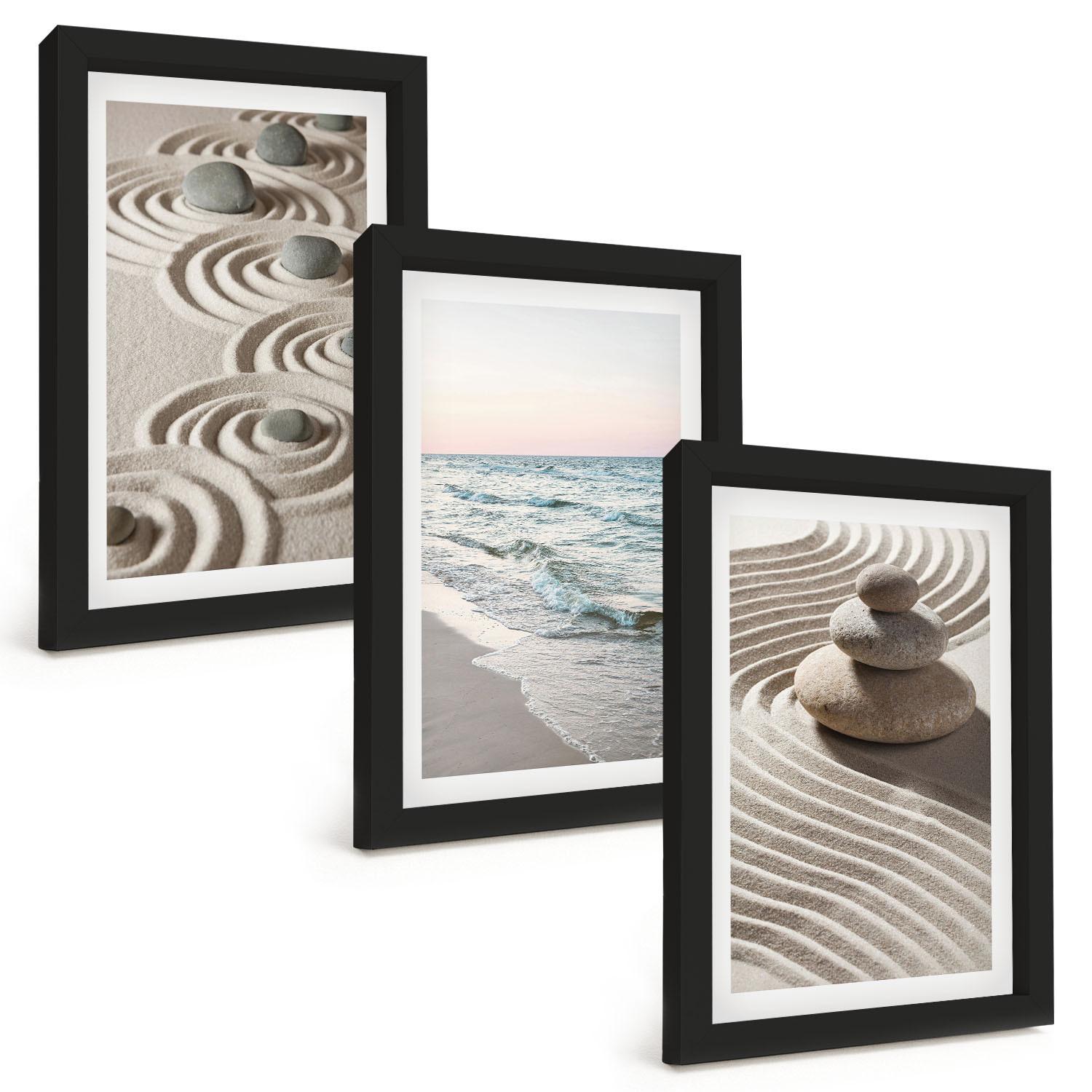 BILDER SET 3er Set - 20x30 cm Schwarzer Rahmen - Wellen, Sand, Wasser, Steine, Strand - Schwarz, Kunststoff (20/30cm) - TULUP