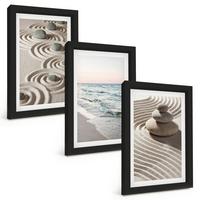 BILDER SET 3er Set - 20x30 cm Schwarzer Rahmen - Wellen, Sand, Wasser, Steine, Strand - Schwarz, Kunststoff (20/30cm) - TULUP