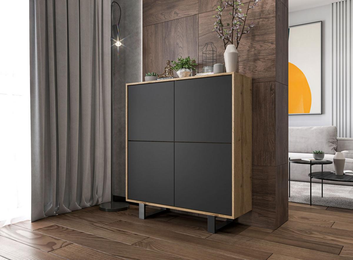 KOMMODE Apollo 4D Eiche wotan Schwarz Matt 113/127/35 cm - Schwarz, Holzwerkstoff/Metall (113/127/35cm) - Meble Lindner