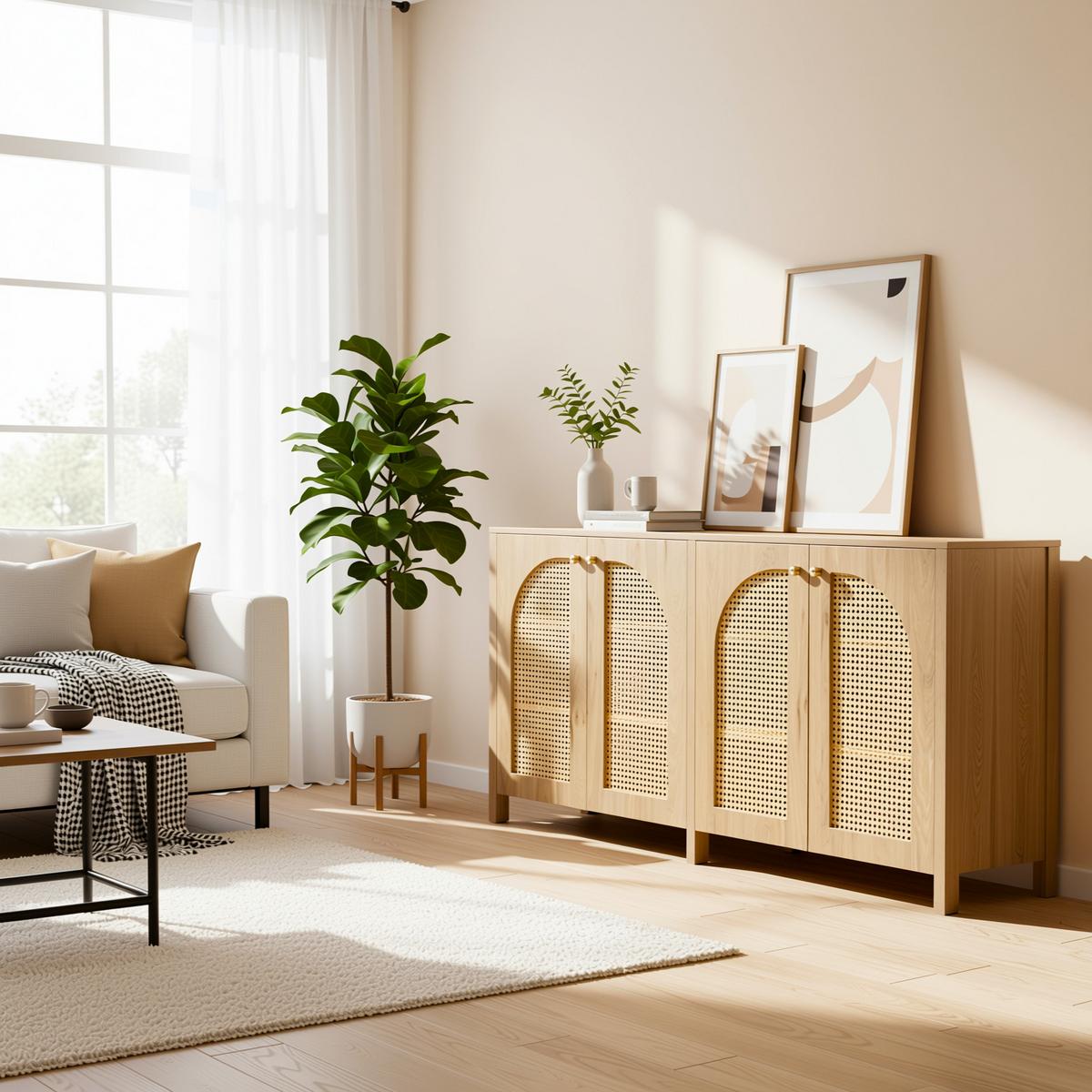 SIDEBOARD 145 cm in Natur Rattan-Optik & 4 Türen im Boho-Stil - Naturfarben, Holzwerkstoff (145/40/80cm) - Urban Meuble
