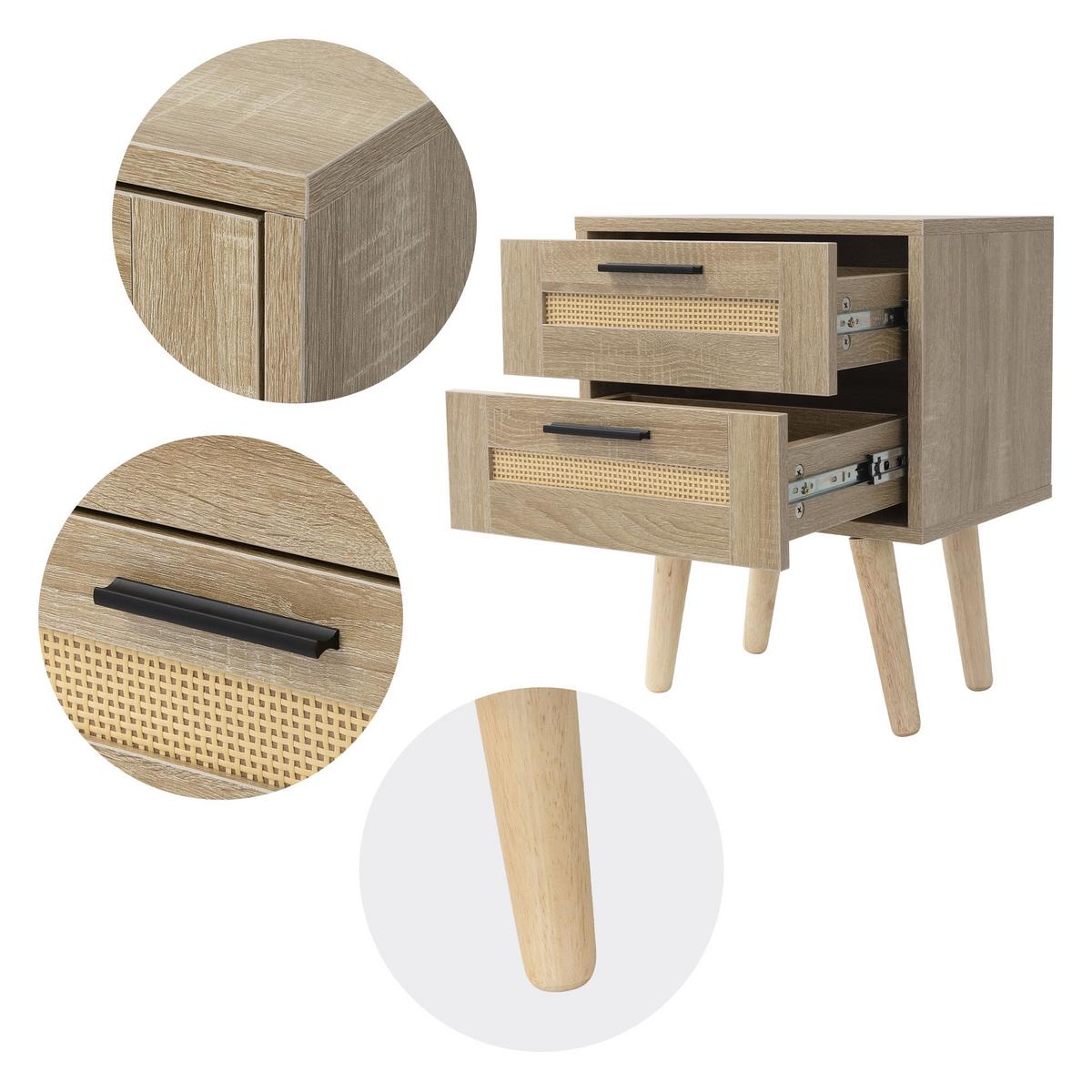 NACHTTISCH 2er Set mit 2 Schubladen 40x50,5x30 cm Eiche Optik Rattanfront - Beige, Holzwerkstoff (30/50.5/40cm) - ML-DESIGN