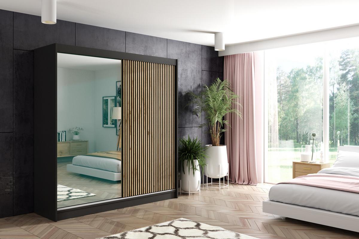 KLEIDERSCHRANK VILAN mit Spiegel/LED - 200 cm - Schwarz|Eiche Wotan - Eiche Wotan/Schwarz, Holzwerkstoff (200/215/61cm) - ALTDECOR