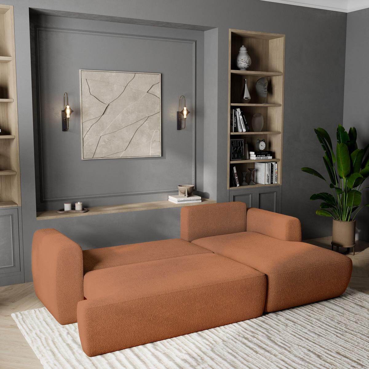 ECKSOFA SENTI N R-S Orange Boucle-Stoff mit Schlaffunktion - Schwarz/Orange, Holz/Kunststoff (246/148cm) - MASSENO