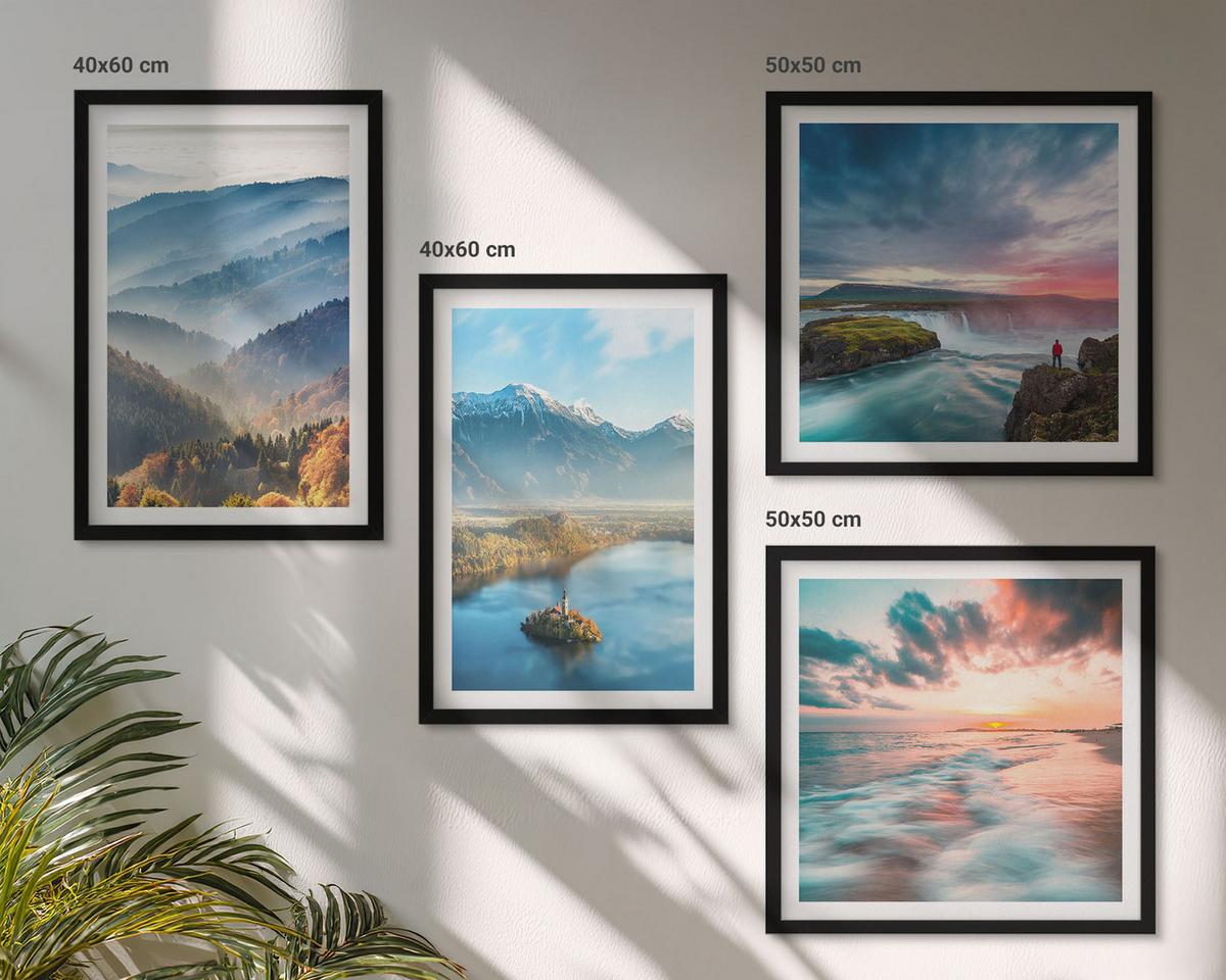 BILDER SET 4er Set - 50x50 cm & 40x60 cm Schwarzer Rahmen - Berglandschaften, Wasserfälle - Schwarz, Kunststoff (50/50cm) - TULUP