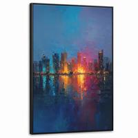 LEINWAND Bilder mit Rahmen - Skyline - Pinselstriche - Dunkelblau - Leuchtend - 80x120 - Blau, Textil (80/120cm) - MuchoWow