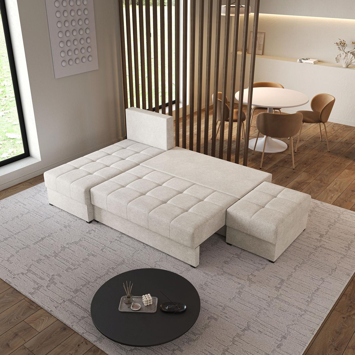 ECKSOFA NORVI Creme Geflochtener Stoff mit Schlaffunktion - Creme, Holz (251/143cm) - MASSENO