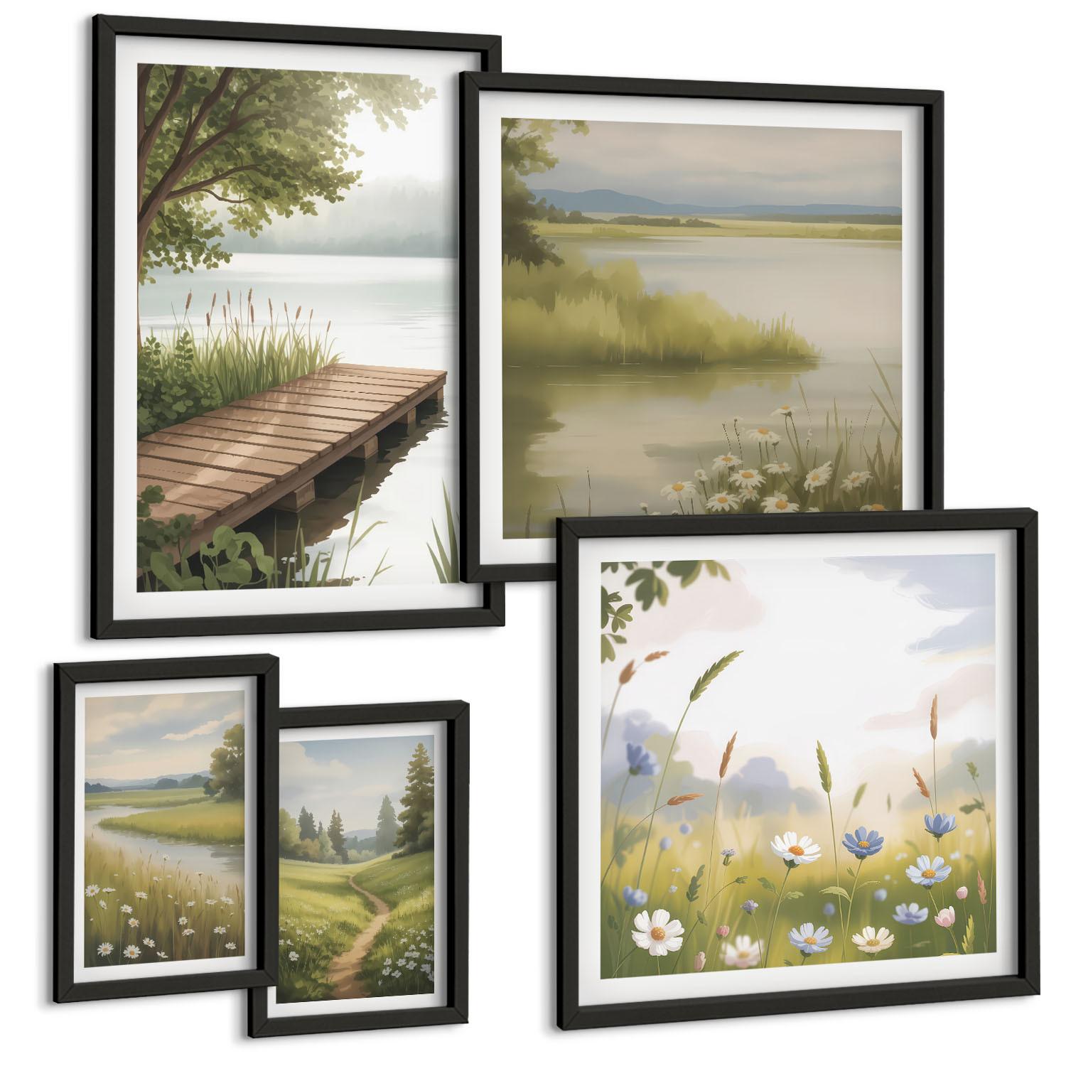 BILDER SET 5er Set - 50x50 cm & 20x30 cm & 40x60 cm Schwarzer Rahmen - Zitronenblumen aus der Küstenstadt - Schwarz, Kunststoff (40/60cm) - TULUP