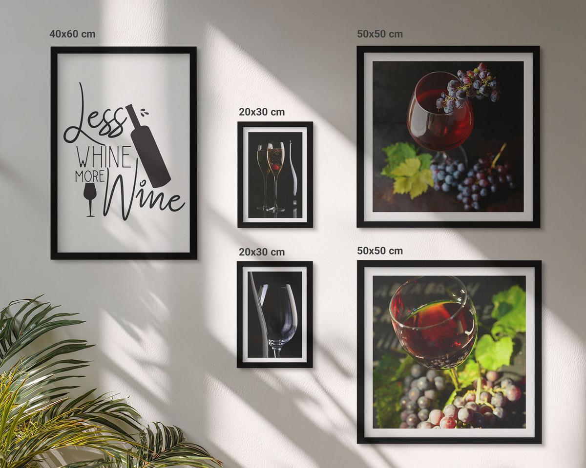 BILDER SET 5er Set - 50x50 cm & 20x30 cm & 40x60 cm Schwarzer Rahmen - Weingläser mit Trauben und Inschrift - Schwarz, Kunststoff (40/60cm) - TULUP