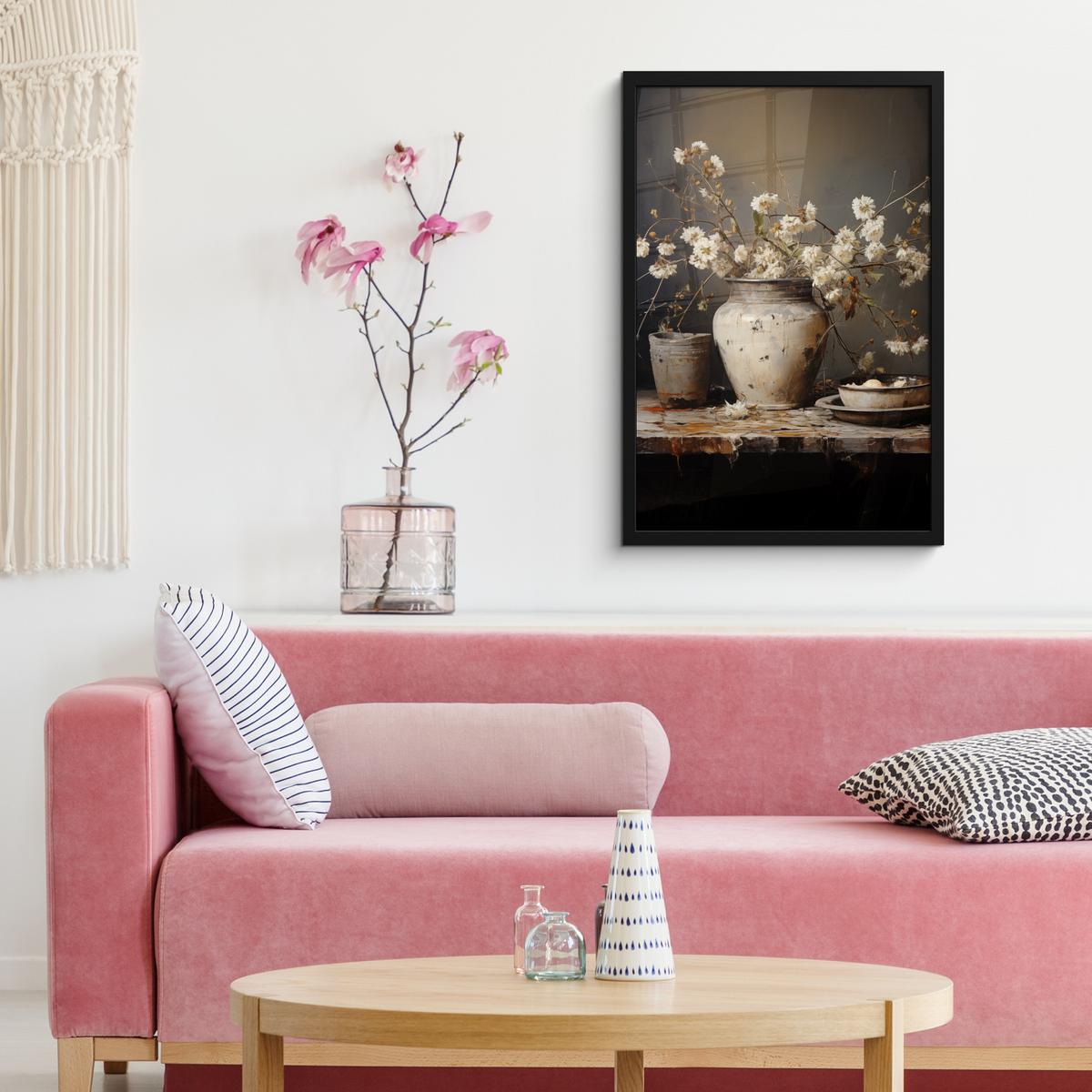 POSTER MIT RAHMEN Stilleben - Blumen - Blumenstrauß - Vase - Wein Bilder mit Rahmen 40x60 cm - Schwarz, Papier (40/60cm) - MuchoWow