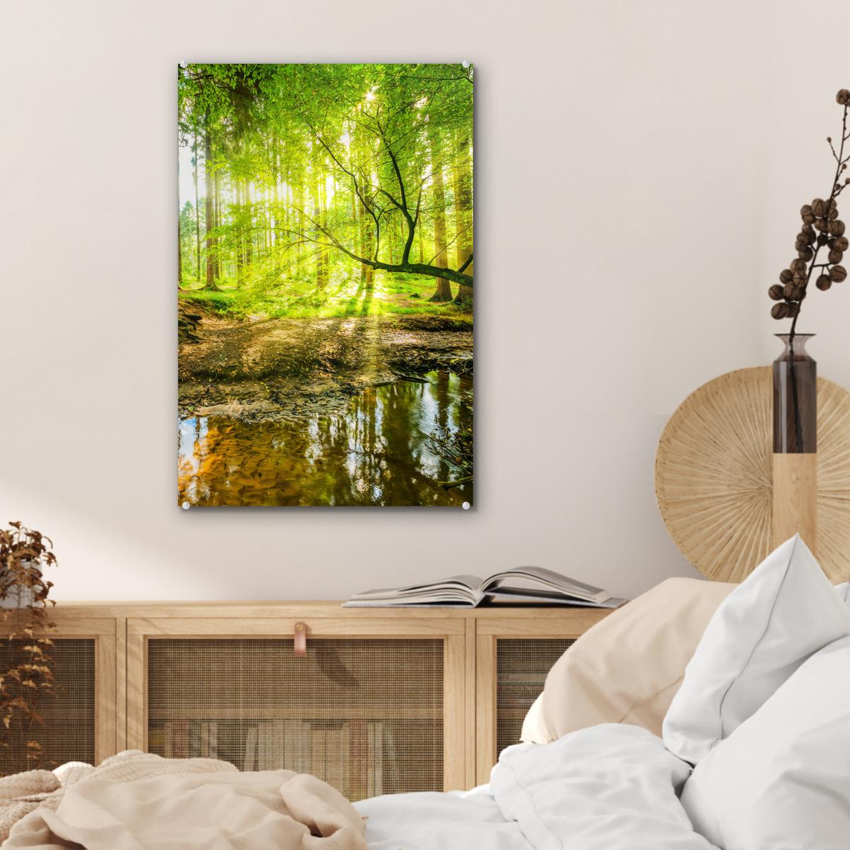 ACRYLGLASBILD Wald - Landschaft - Wasser - Bäume - Sonne - Grün - Natur Wanddeko Wohnzimmer 40x60 cm - Grün, Glas (40/60cm) - MuchoWow