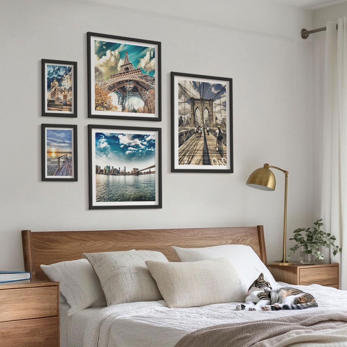 BILDER SET 5er Set - 50x50 cm & 20x30 cm & 40x60 cm Schwarzer Rahmen - Abstrakte geometrische Formen - Schwarz, Kunststoff (40/60cm) - TULUP