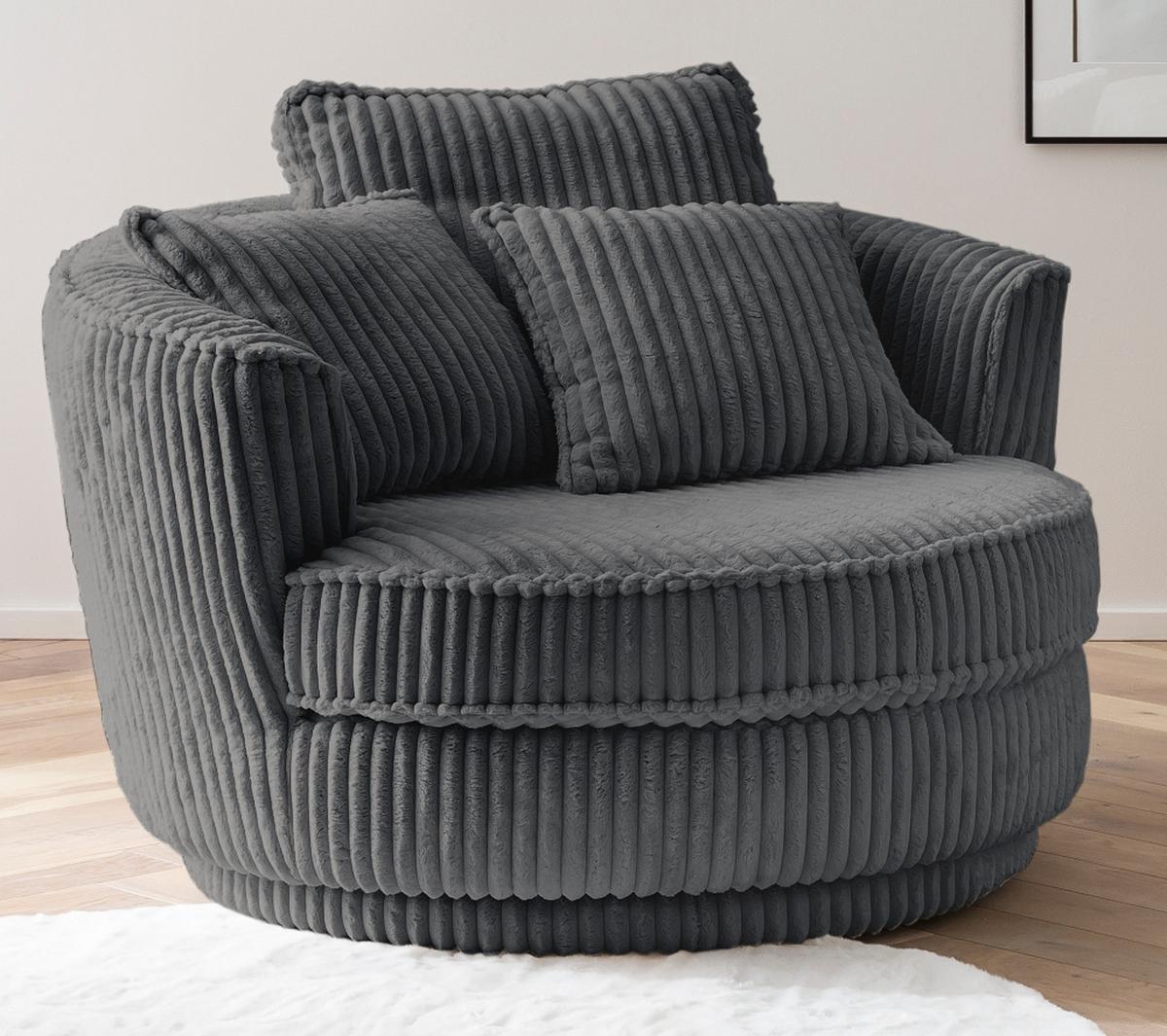BIG-SESSEL Relaxsessel Mega Cord grau Ø 120 cm 360° drehbar, inklusive 3x Kissen - Grau, Holz/Textil (120/86/120cm) - Furn.Design
