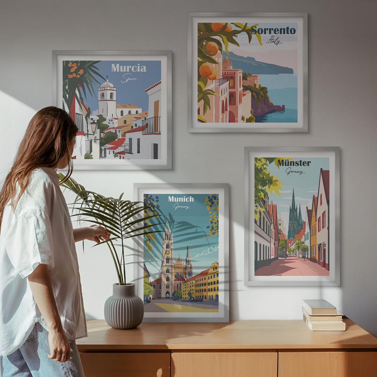BILDER SET 4er Set - 50x50 cm & 40x60 cm Silberner Rahmen - Europäische Städte in farbigen Illustrationen - Silberfarben, Kunststoff (50/50cm) - TULUP